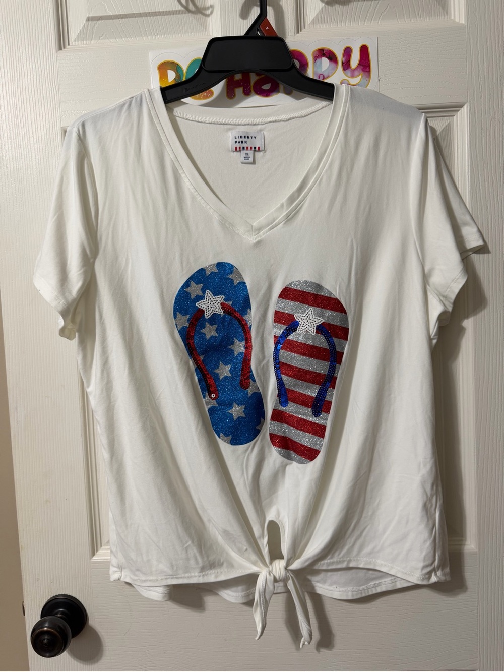 White V-Neck Tie-Front Tee with Red & Blue Flip-Flop Graphic